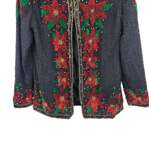 Vtg 80s Black Silk Red Poinsettia Beaded Jacket Cardigan Sz S Christmas Holiday - Picture 7 of 10